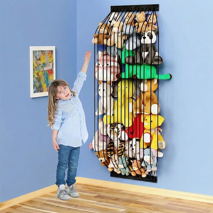 Stuffed Animal Storage Wooden Soft Toy Storage for Kids Room，Wall Mount Door Hanging Stuffed Animal Toy Organizer Shelf for Nursery Play Room Black -Patent