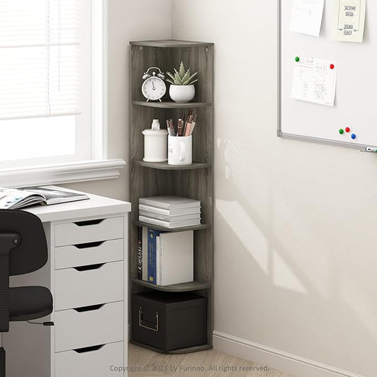 Furinno PASIR Book Shelf, 5-Tier Corner Bookshelf, Open Shelves Bookcase 9.3 x 12 x 51.7, for Living Room, Bedroom, Home Office, French Oak