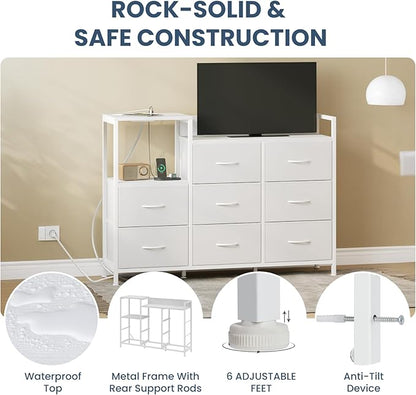 DUMOS TV Stand Dresser with 8 Fabric Drawers & Open Shelves, TV Stand for Up to 45 inch TV with Wooden Top, Entertainment Center with Charging Station for Living Room, Hallway, White