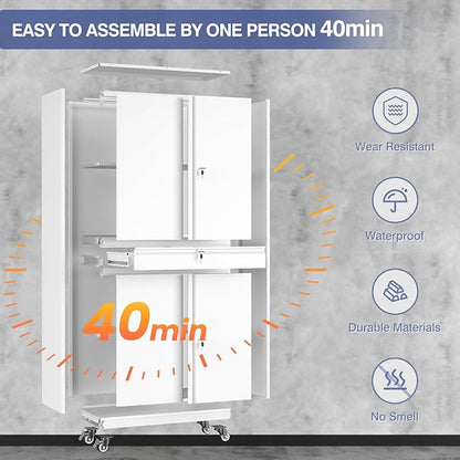 73" Metal Garage Storage Cabinet with Wheels， Rolling Tool Storage with Locking Doors， Adjustable Shelves and Drawer, Heavy Duty Steel Tool Cabinet for Garage, Warehouse, School(White)