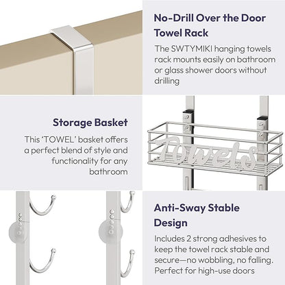 SWTYMIKI Hanging Towel Racks for Bathroom - 9 Tier Over The Door & Wall Mounted Bath Rolled Towel Storage Organizer Holder for Small Bathroom, RV, Camper (Polished Nickel, 9-Tier)