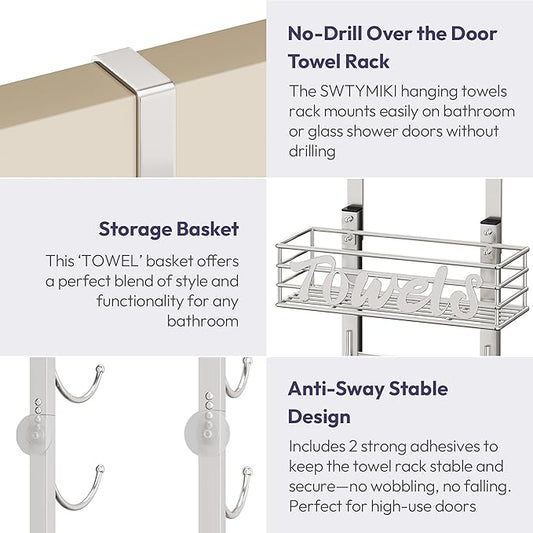 SWTYMIKI Hanging Towel Racks for Bathroom - 9 Tier Over The Door & Wall Mounted Bath Rolled Towel Storage Organizer Holder for Small Bathroom, RV, Camper (Polished Nickel, 9-Tier)