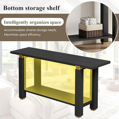 62.9" Modern Minimalist Console Table, Solid Wood Entryway Sofa Table with Metal Accents, 2-Tier with Open Shelf and Built-in Shelf for Living Room, Hallway (Black-J22)