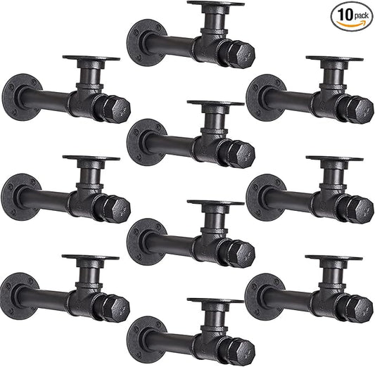 Iron Pipe Shelf Brackets 8.6 inch 10 PCS Industrial DIY L Pipe Shelf Bracket for 8”-16” Wood Floating Shelf Vintage Look Home Pipe Decor