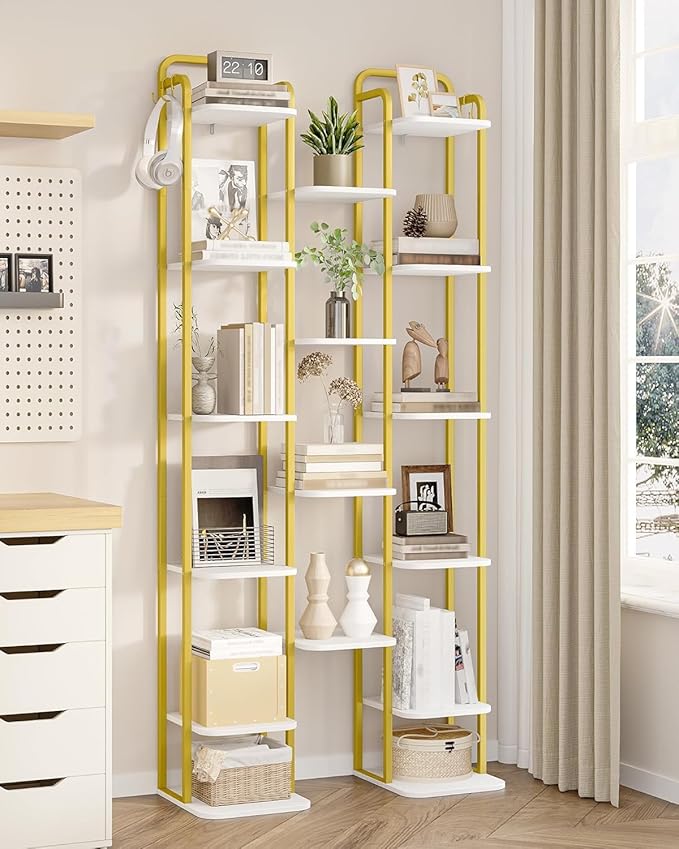 10 Tiers Vertical Shoe Rack, Narrow Shoe Tower, Tall Shoes Shelf with 2 Hooks, Adjustable Shelves, Corner Shoes Shelves for Small Spaces, Entryway, Living Room, White Gold SR11213A