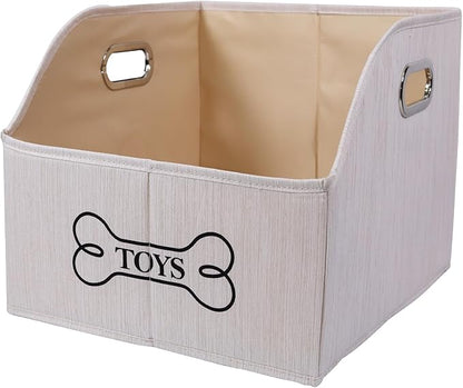 Geyecete Dog Toys Storage Bin With Wooden Handle - Decorative Rectangular Soft Felt Organizer Basket for Pet Supplies - Beige