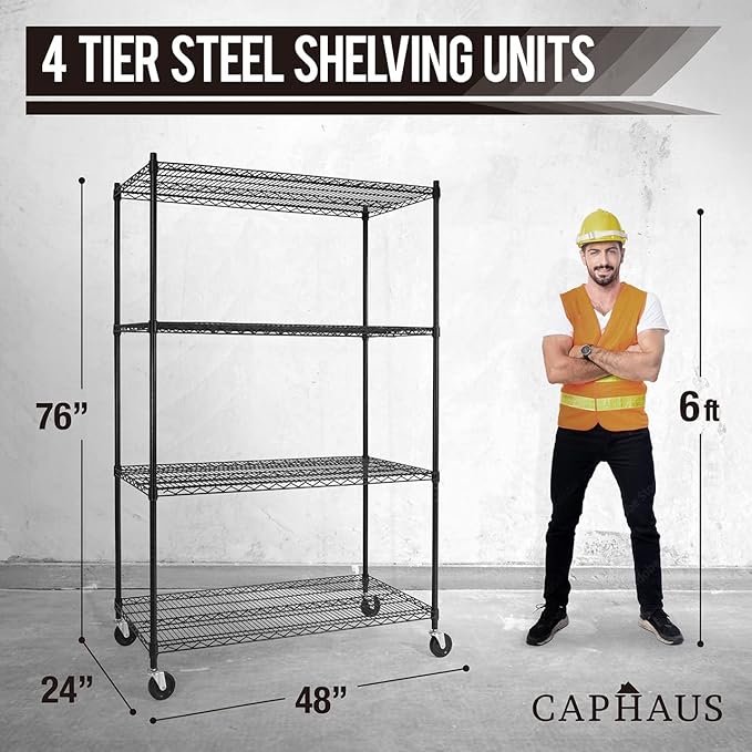 CAPHAUS 4-Tier Heavy Duty Adjustable Height Wire Shelving Unit w/Wheels & Leveling Feet, Metal Steel Shelf, Garage Shelving, Utility Rack Storage, 48" W