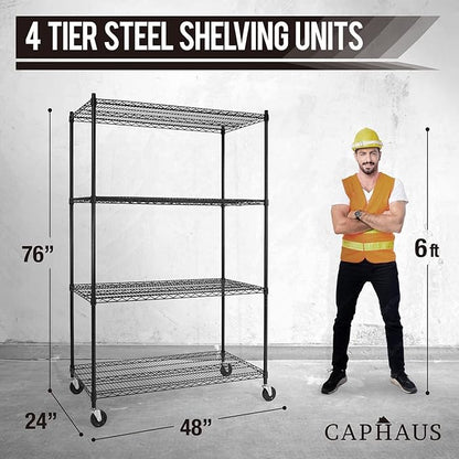 CAPHAUS 4-Tier Heavy Duty Adjustable Height Wire Shelving Unit w/Wheels & Leveling Feet, Metal Steel Shelf, Garage Shelving, Utility Rack Storage, 48" W
