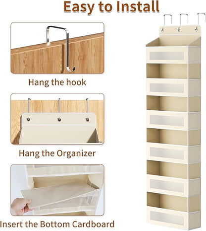 Over The Door Organizer with 6 Large Pockets, Over the Door Storage 12 Side Pockets, Hanging Door Organzier 44 lb Load Behind Door Storage Hanging Shelf for Closet Wall Bathroom Nursery, 6-Tier Beige