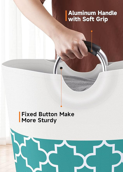 Large Laundry Basket Laundry Hamper Bag Washing Bin Clothes Bag Collapsible Tall with Handles Waterproof Travel Bathroom College Essentials Storage for College Dorm, Family (Green) 75L