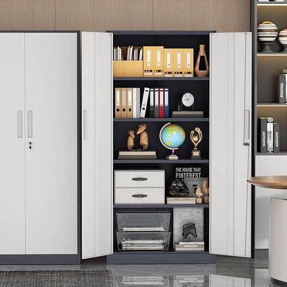 Metal Garage Storage Cabinet, 72” Lockable File Cabinets with 2 Doors and 4 Adjustable Shelves, Steel Tool Cabinets with Lock for Office, Home, Living Room, Grey White