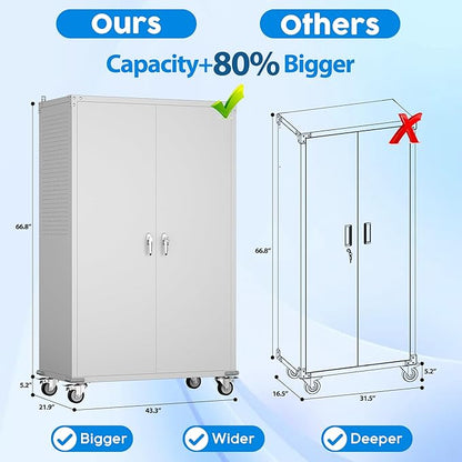 SUXXAN 2025 Upgraded Wide & Deep Garage Storage Cabinet with Wheels, Lockable Metal Storage Cabinet with Pegboards and 9 Hooks, 2 Tool Pouches for Garage,4 Adjustable Shelves