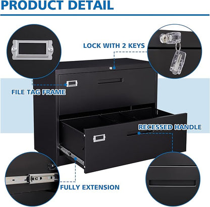 2 Drawer Lateral File Cabinet Metal Filing Cabinet with Lock Office Home Steel Lateral File Cabinet for A4 Legal/Letter Size Lockable Wide Metal Cabinet,Assembly Required(2 Drawer, Black)