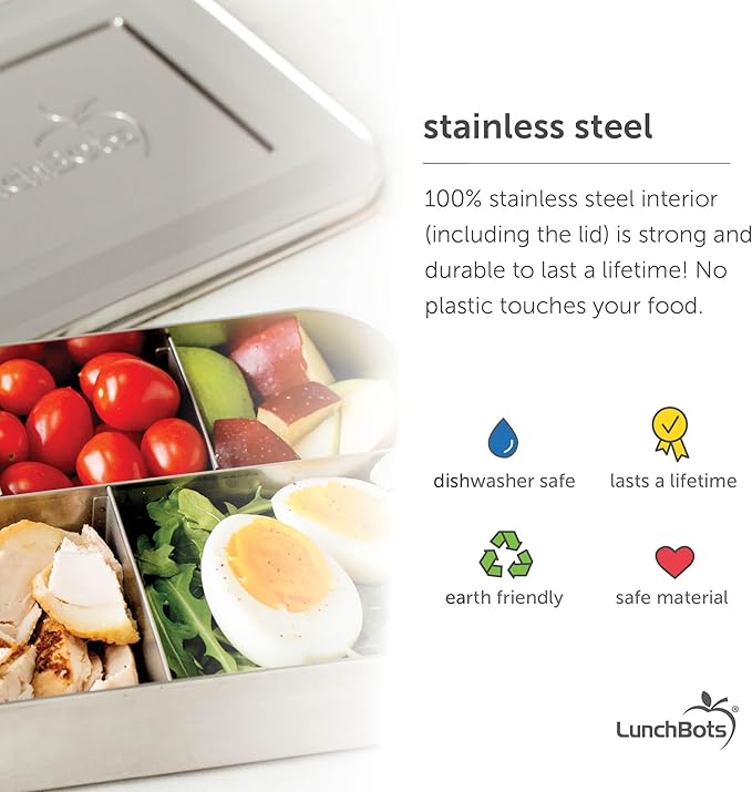 LunchBots Large Trio Stainless Steel Lunch Container -Three Section Design for Sandwich and Two Sides - Metal Bento Lunch Box - Eco-Friendly - Stainless Lid - Staineless Steel