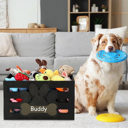 Large Dog Toy Basket Wood Dog Toy Bin Storage Baskets Box with Handles and Label Position Design Large Organizer with Paw Pattern Print for Pets Toys Food Blankets Clothes 18"x12"x10"