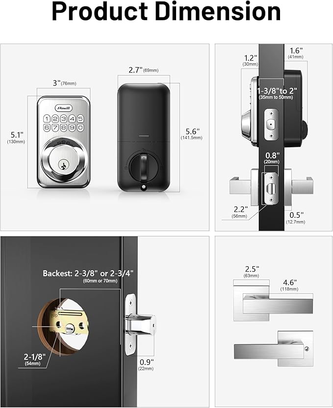 Zowill Keyless Entry Door Lock with 2 Lever Handles, Electronic Keypad Deadbolt, Auto-Locking, Anti-Peeping Password, Digital Code Door Lock, Front Door Handle Sets, Satin Nickel