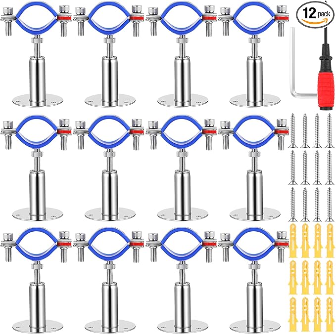 12 Pcs 304 Stainless Steel Wall Mount Ceiling Mount Pipe Supports Bracket, Suitable for OD 3/4"(25-28mm), Adjustable Height 50-100mm, Adjustable Pipe Strap Clamp with Screws and Screwdriver
