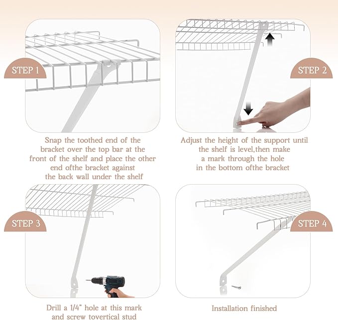 6 Pcs Support Brackets for 12in Wide Shelving Wire Wire Shelf Brackets Closet Rod Bracket Closet Support Bracket with Anchors and Pins for Installation Wires Shelving Supports Closets