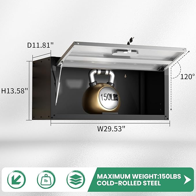 Metal Wall Cabinet,Wall Mounted Garage Cabinets with Lockable Up-Flip Door,Hanging Storage Cabinet 130 lbs Capacity,Floating Cabinet for Tool Organization in Basement,Workshop,Kitchen,Black/Grey