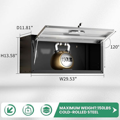 Metal Wall Cabinet,Wall Mounted Garage Cabinets with Lockable Up-Flip Door,Hanging Storage Cabinet 130 lbs Capacity,Floating Cabinet for Tool Organization in Basement,Workshop,Kitchen,Black/Grey