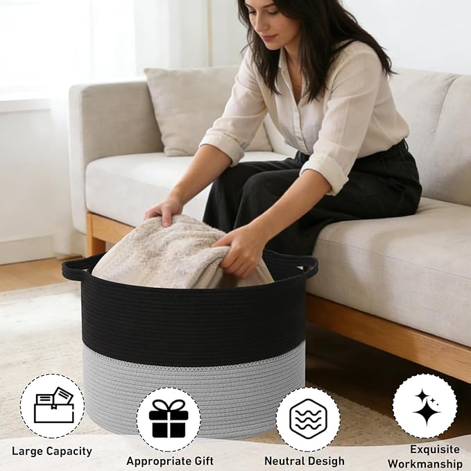 90L Large Blanket Basket,21.7"L x 21.7"W x 13.8"H Rope Woven Baskets with Handles, Toys Storage Bins,Laundry Basket Perfect for Living Room, Nursery,Bedroom,Home Organization,Black&Light Grey