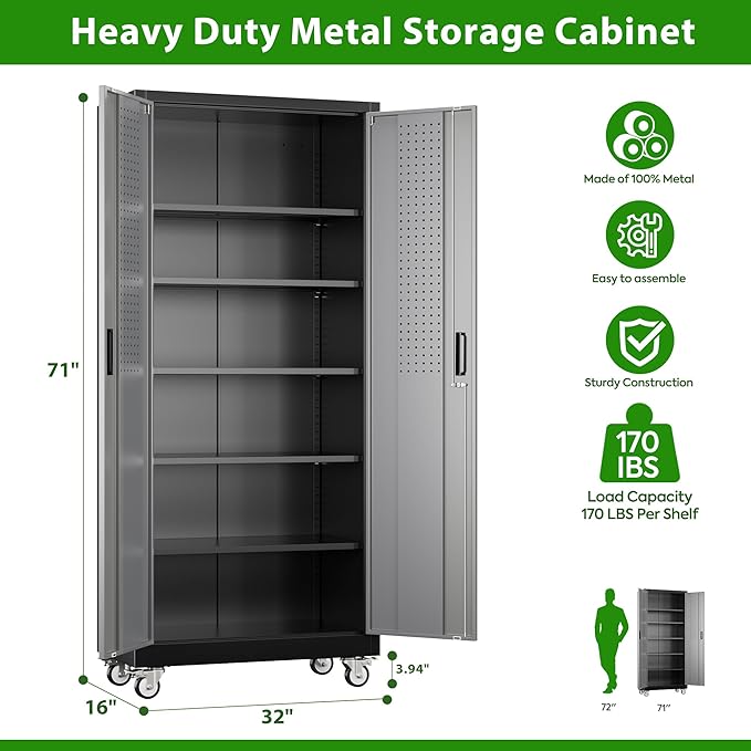 71" H Garage Storage Cabinet with Wheels and Pegboard, Lockable Metal Storage Cabinet with 5 Adjustable Shelves and 4 Hooks for Garage,Warehouse, Home, Assembly Required, Black and Gray