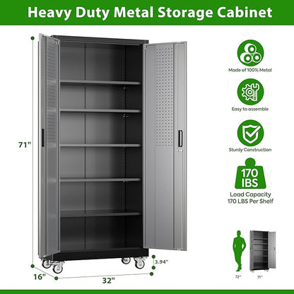 71" H Metal Garage Storage Cabinet with Wheels，Steel Storage Cabinet with Door,5 Adjustable Shelves and Pegboard for Garage Home,Required Assembly,Black &Dark Grey