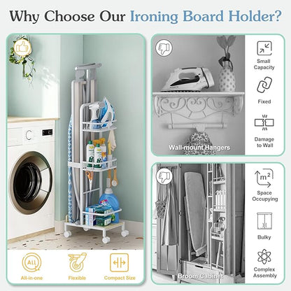 Ironing Board Hanger,Iron and Ironing Board Holder No Wall Mount,Laundry Room Organization and Storage Cart with Iron Stand,Narrow Laundry Shelves Organizer Cabinet,Laundry Room Essentials Accessories