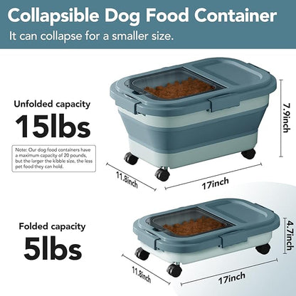 15 Lbs Dog/Cat Food Storage Container,Collapsible Food Storage Containers with Rolling Wheel Airtight Locking Lid,Pet Food Storage Container with Cup and Scoop,Blue