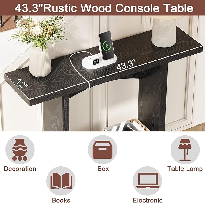 43" Console Table with Charging Station, Farmhouse Entryway Table, Entryway Table with Storage for Living Room or Foyer, Sofa Table for Hallway with Anti-Tip, Easy Assembly, Black