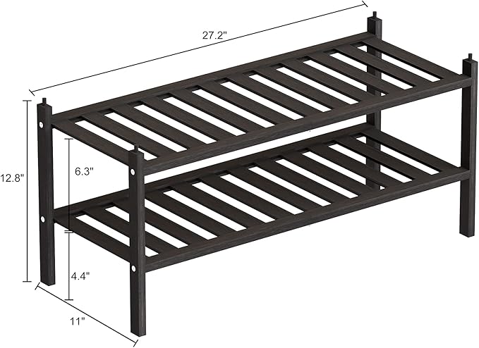 Shoe Rack, 2-Tier Bamboo Stackable Shelf Storage Organizer, Stand for Closet, Entryway and Hallway （Black）