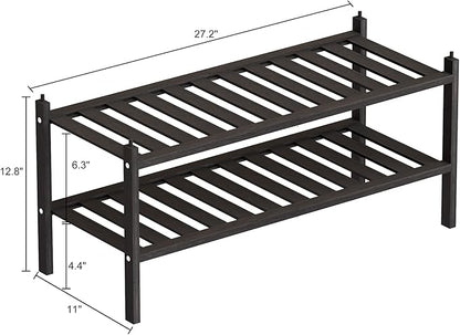 Shoe Rack, 2-Tier Bamboo Stackable Shelf Storage Organizer, Stand for Closet, Entryway and Hallway （Black）
