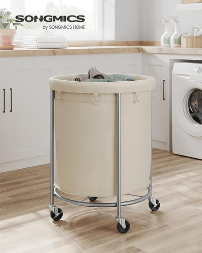 SONGMICS 50.2-Gallon (190 L) Laundry Basket with Wheels, Rolling Round Heavy-Duty Laundry Hamper Cart with Steel Frame and Removable Bag, 2 Locking Wheels, Cream White and Metallic Silver URLS01MZ