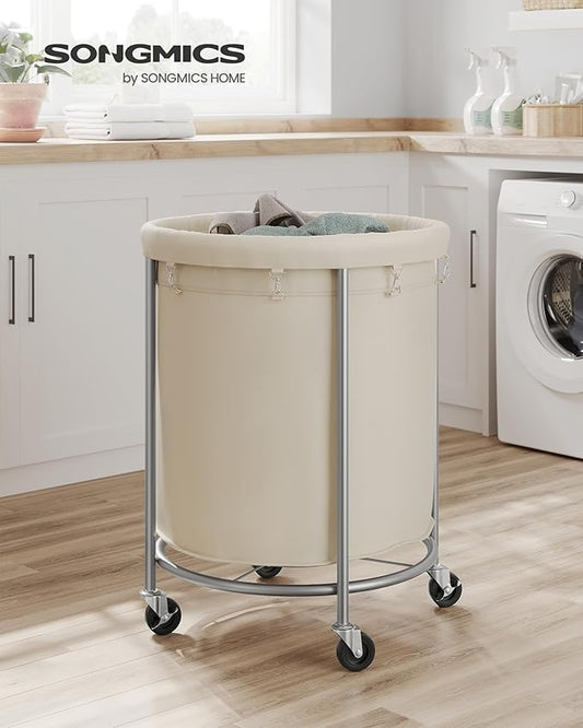 SONGMICS 50.2-Gallon (190 L) Laundry Basket with Wheels, Rolling Round Heavy-Duty Laundry Hamper Cart with Steel Frame and Removable Bag, 2 Locking Wheels, Cream White and Metallic Silver URLS01MZ