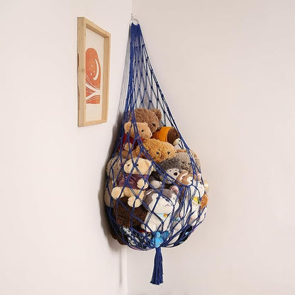 Stuffed Animal Storage Toy Hammock Corner Hanging Net for Stuff Animal Storage Macrame Toy Display Plushie Toy Holder-Wall Hanging Net for Kid Bedroom Decor Playroom Organizer (Blue XL)