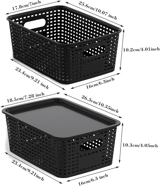 Plastic Storage Basket with Lids 12 Pack Stackable Black Storage Bins Containers with Lid, Decorative Storage Boxes for Organizing Shelves, Drawers, Playroom, Classroom, Office, Closet