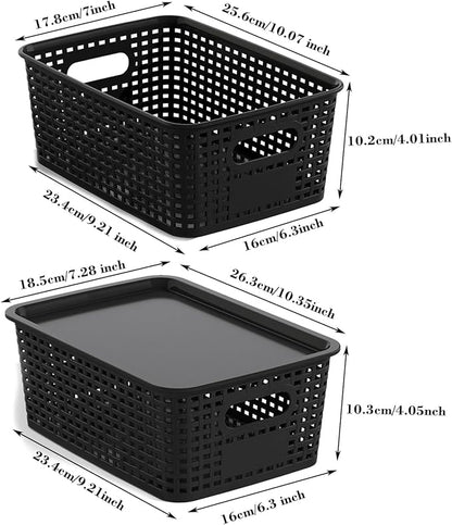 Plastic Storage Basket with Lids 12 Pack Stackable Black Storage Bins Containers with Lid, Decorative Storage Boxes for Organizing Shelves, Drawers, Playroom, Classroom, Office, Closet