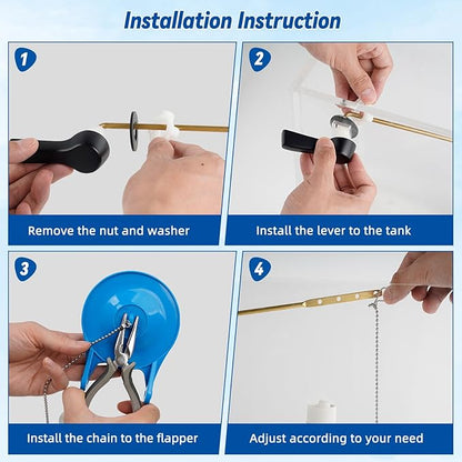 Hibbent Universal Front Mount Metal Toilet Handle Replacement Kit, Brass Toilet Tank Flush Lever with Stainless Steel Adjustable Flapper Chains for Most Toilets, Matte Black