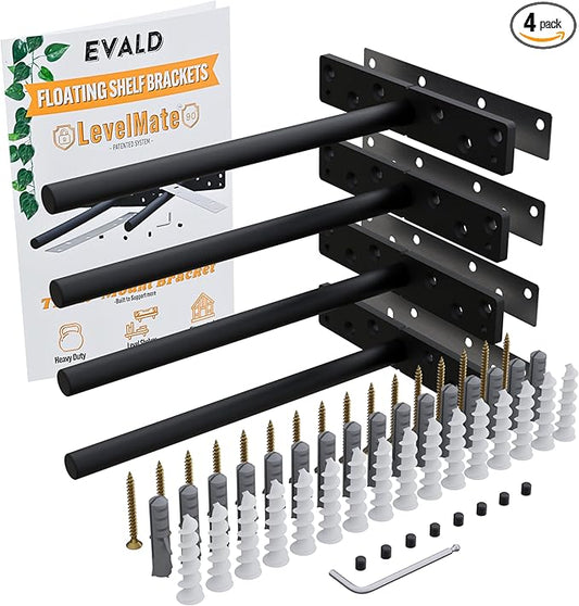 EVALD LevelMate™ 8" Titan-Mount Floating Shelf Brackets | Heavy Duty Hidden Black Carbon Steel Wall Supports for Wood Mantel, Bookshelf, Kitchen & Office Shelving | Invisible Bracket Hardware (4 Pack)