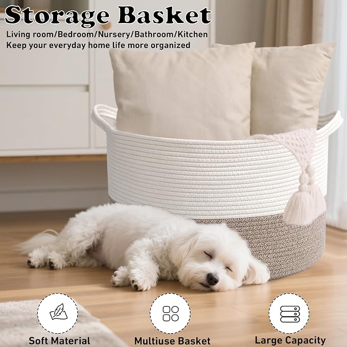 90L Large Blanket Basket,21.7"L x 21.7"W x 13.8"H Rope Woven Baskets with Handles, Toys Storage Bins,Laundry Basket Perfect for Living Room, Nursery,Bedroom,Home Organization,White&Brown