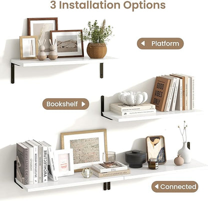 Fun Memories Deep Floating Shelves, 24W x 8D Floating Shelves Set of 2, Wall Mounted Shelf with Metal Brackets, Rustic Wood Wall Shelf for Bathroom, Kitchen and Living Room, White