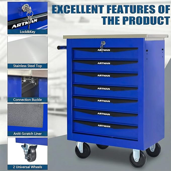 7-Drawer Rolling Tool Chest with Stainless Steel Countertop,Tool Chest with Secure Locking System,Mobile Storage Tool Cabinet with 360°Wheels and Padded Feet,for Home,Garage (Blue)