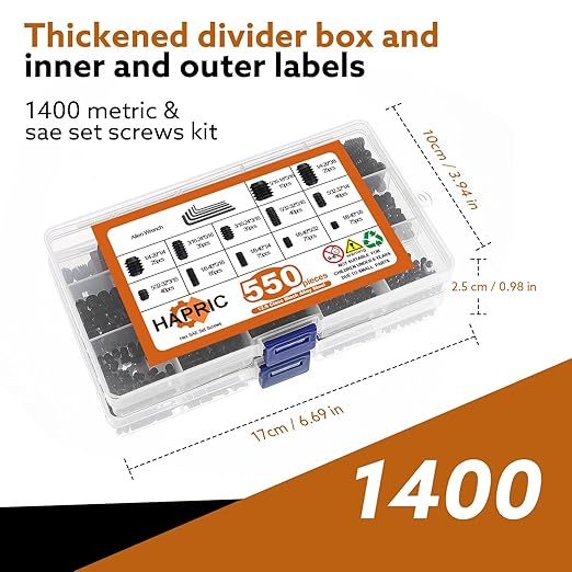 1400 Pcs 26 Size Set Screw Kit Metric&SAE Set Screw Assortment Kit 12.9 Alloy Steel Head Socket Hex Metric Set Screws Kit Black Zinc Plated Cup-Point Screws (M3-M8, 1/8"-40 to 5/16"-18)