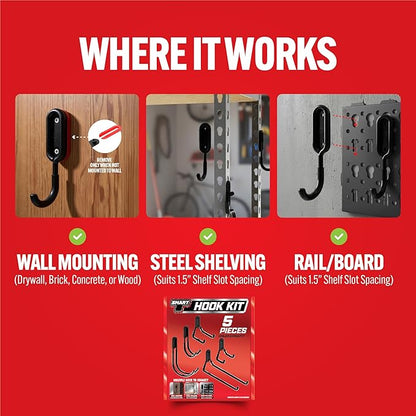Smart T Garage Storage Hook Kit | 5 Piece Tool Organizer - Heavy Duty Organizer Wall Mount or Shelving Hooks