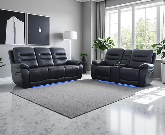Living Room Funiture Sets, Power Reclining Sofa Set, Black PVC Breathing Leather Power Recliner Sofa and Loveseat with 4 Recliner Seats/Storage Console/Cup Holders/LED Light for Living Room