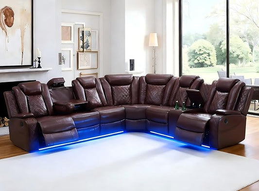 Power Recliner Sofa Set, Brown Power Reclining Sectional Sofa for Living Room, Breathing Leather Sectional Couch, Loveseat and Chair Sets with LED, USB, Cup Holders, Storage for House/Office