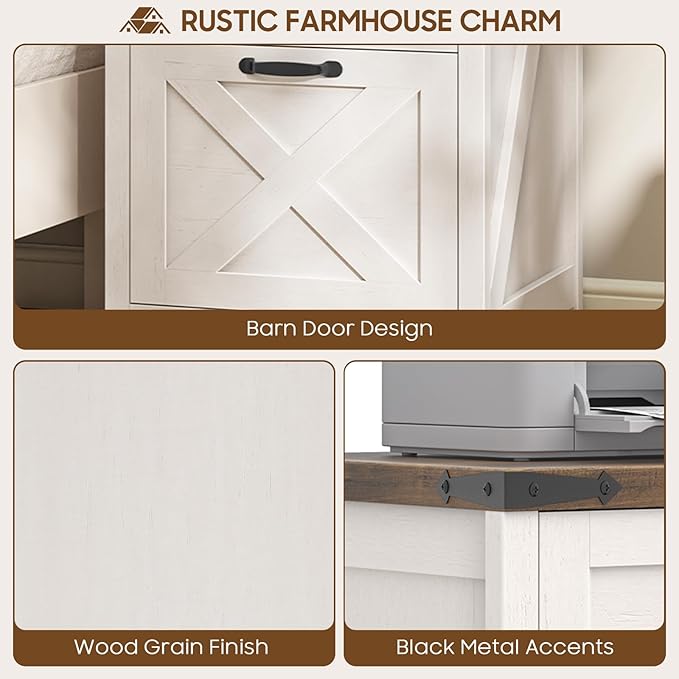 3 Drawer Small File Cabinet with Lock, Farmhouse Vertical Filing Cabinet Fits Letter and A4 Size, Under Desk Wooden File Cabinets for Home Office, Printer Stand, Rustic White