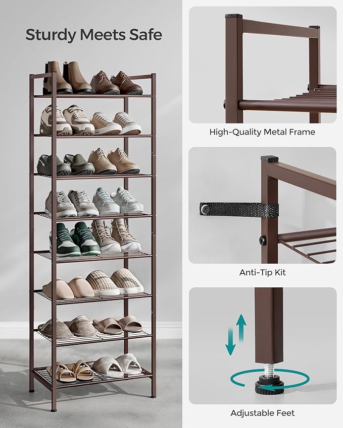 SONGMICS Narrow Shoe Rack - Sturdy 8 Tier Metal Tall Shoe Rack Shelf, Slim Shoe Storage Organizer for Closet Entryway Small Spaces, Bronze, 12"D x 17.6"W x 50.6"H