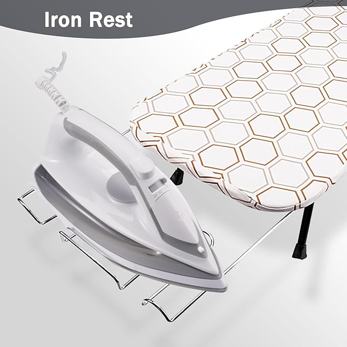 SheeChung Small Tabletop Ironing Board 32" Lx12 W,Folding Ironing Board with Iron Rest,Mesh Metal Base,Cotton Cover,Hook for Hanging,Portable Mini Iron Board for Sewing Craft Room Dorm,Hexagon