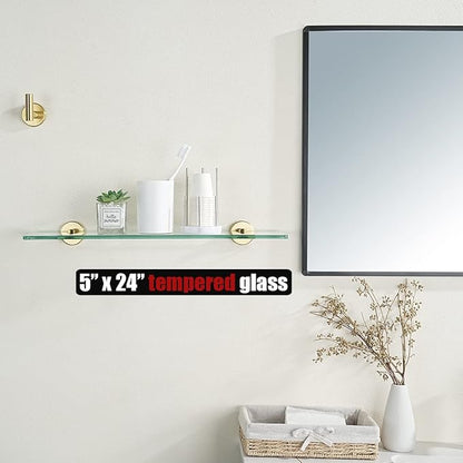 JQK Bathroom Glass Shelf Gold, Tempered Glass Shower Storage 24 by 5 inches, 304 Stainless Steel Brushed Gold Wall Mount, TGS101L24-BG